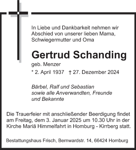 Traueranzeige von Gertrud Schanding von saarbruecker_zeitung