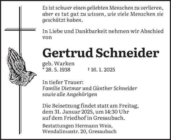 Traueranzeige von Gertrud Schneider von saarbruecker_zeitung