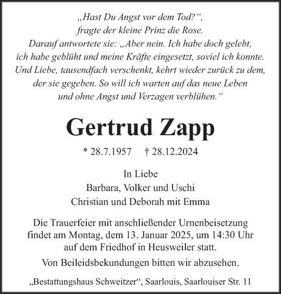 Traueranzeige von Gertrud Zapp von saarbruecker_zeitung