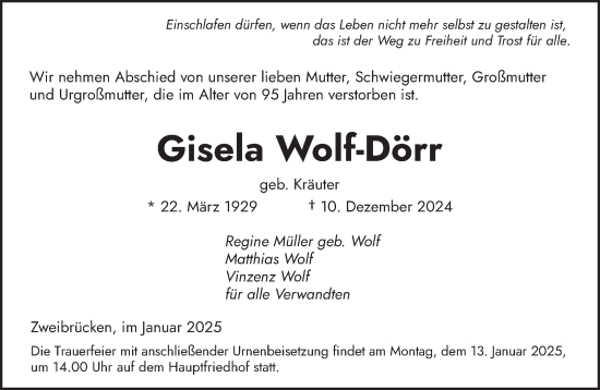 Traueranzeige von Gisela Wolf-Dörr von saarbruecker_zeitung