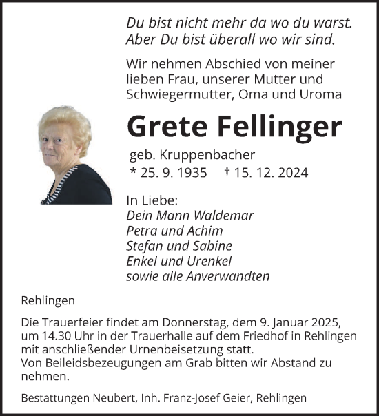 Traueranzeige von Grete Fellinger von saarbruecker_zeitung