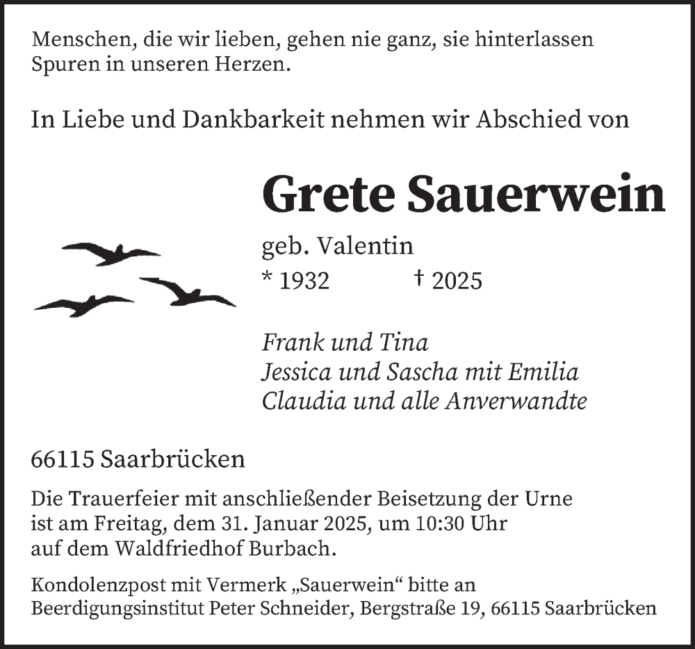  Traueranzeige für Grete Sauerwein vom 18.01.2025 aus saarbruecker_zeitung