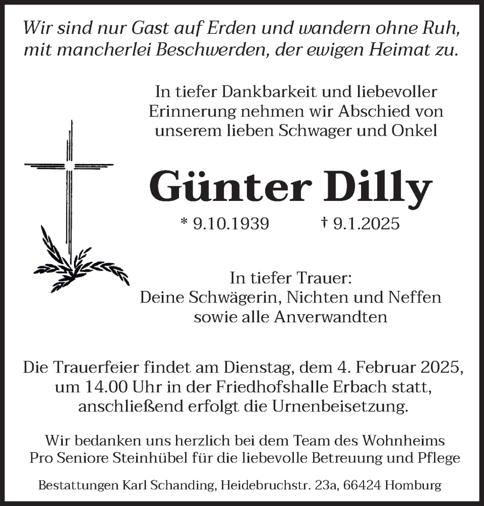  Traueranzeige für Günter Dilly vom 25.01.2025 aus saarbruecker_zeitung