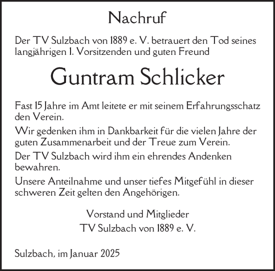 Traueranzeige von Guntram Schlicker von saarbruecker_zeitung