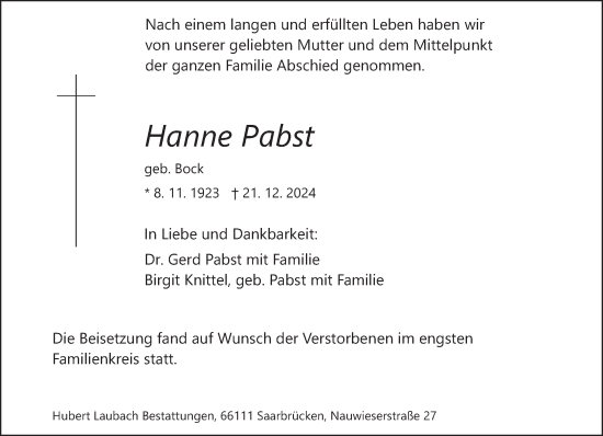Traueranzeige von Hanne Pabst von saarbruecker_zeitung