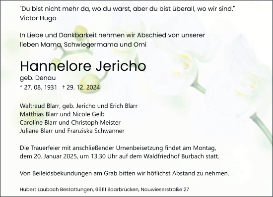 Traueranzeige von Hannelore Jericho von saarbruecker_zeitung