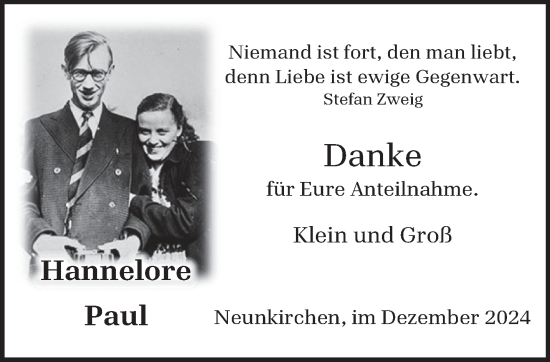 Traueranzeige von Hannelore Paul von saarbruecker_zeitung