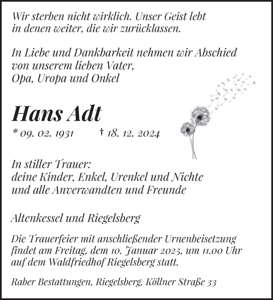 Traueranzeige von Hans Adt von saarbruecker_zeitung