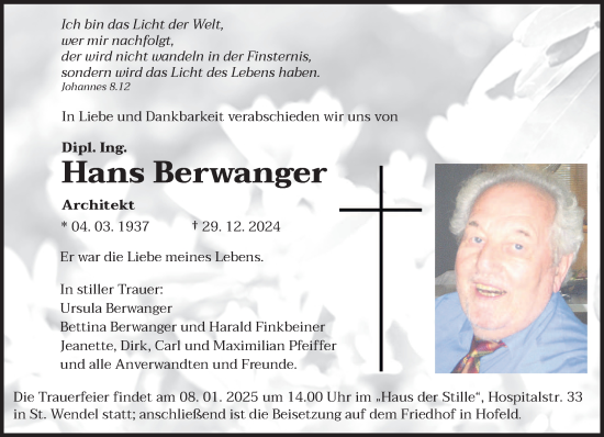 Traueranzeige von Hans Berwanger von saarbruecker_zeitung