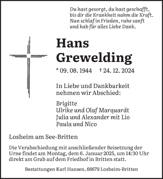 Traueranzeige von Hans Grewelding von saarbruecker_zeitung