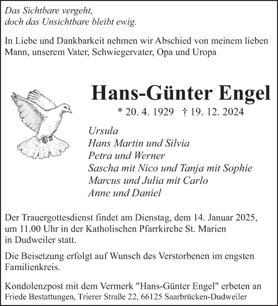 Traueranzeige von Hans-Günter Engel von saarbruecker_zeitung