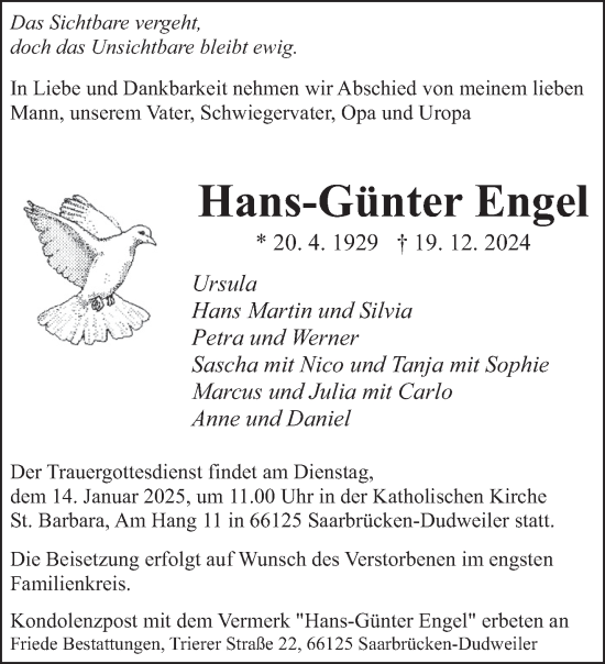 Traueranzeige von Hans-Günter Engel von saarbruecker_zeitung