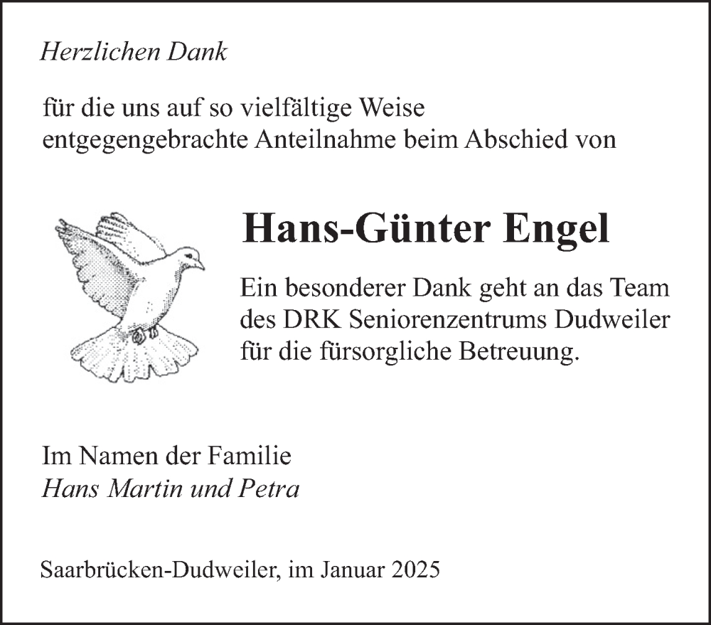  Traueranzeige für Hans-Günter Engel vom 25.01.2025 aus saarbruecker_zeitung