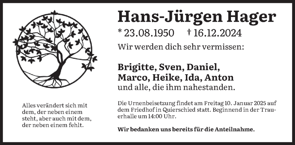  Traueranzeige für Hans-Jürgen Hager vom 08.01.2025 aus saarbruecker_zeitung