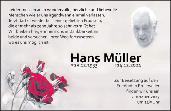 Traueranzeige von Hans Müller von saarbruecker_zeitung