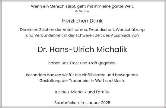 Traueranzeige von Hans-Ulrich Michalik von saarbruecker_zeitung