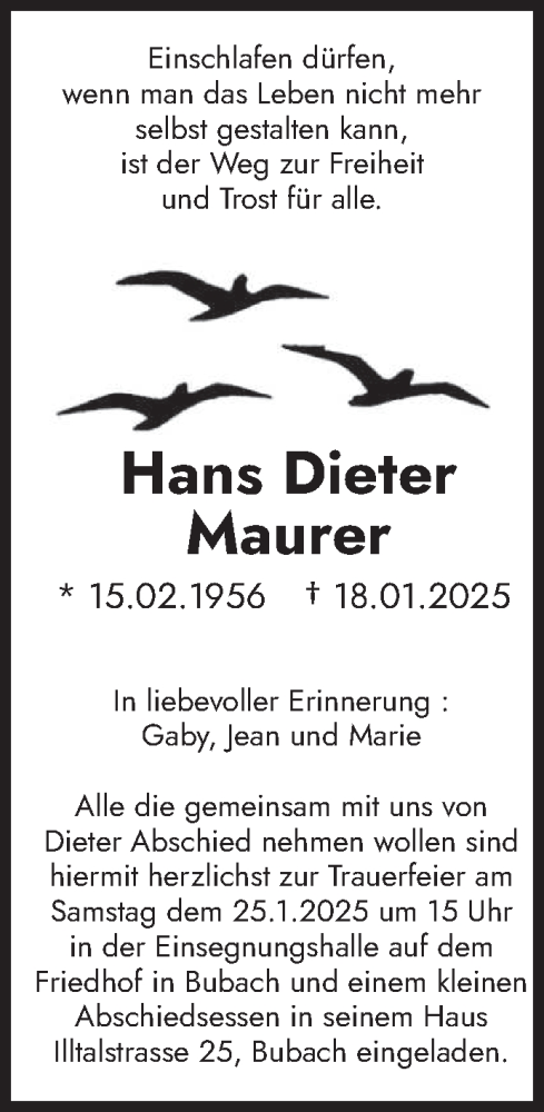  Traueranzeige für Hans Dieter Maurer vom 23.01.2025 aus saarbruecker_zeitung