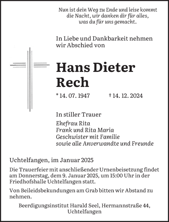 Traueranzeige von Hans Dieter Rech von saarbruecker_zeitung