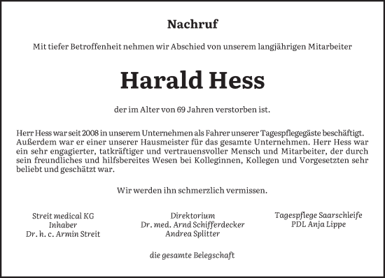 Traueranzeige von Harald Hess von saarbruecker_zeitung