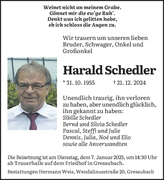 Traueranzeige von Harald Schedler von saarbruecker_zeitung