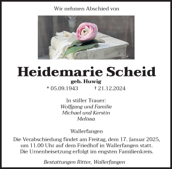 Traueranzeige von Heidemarie Scheid von saarbruecker_zeitung