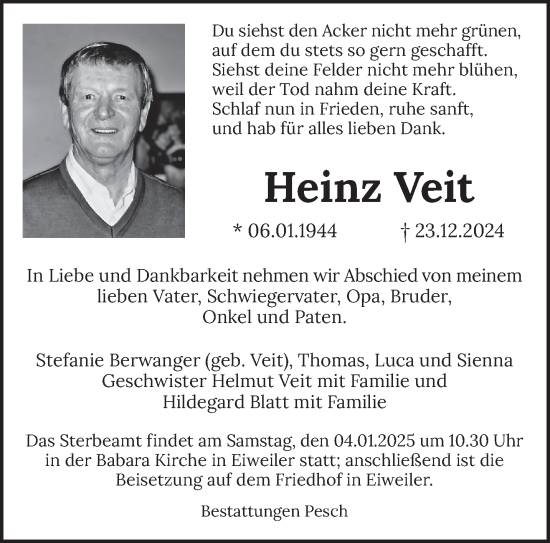 Traueranzeige von Heinz Veit von saarbruecker_zeitung