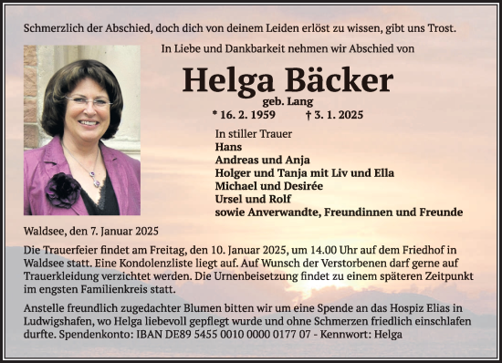 Traueranzeige von Helga Bäcker von saarbruecker_zeitung