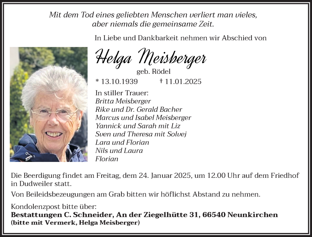  Traueranzeige für Helga Meisberger vom 18.01.2025 aus saarbruecker_zeitung