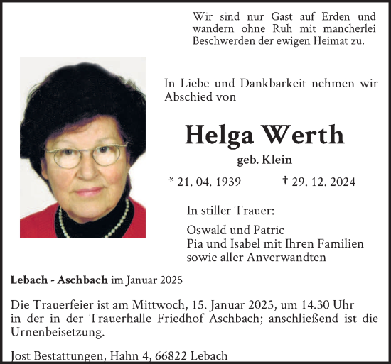 Traueranzeige von Helga Werth von saarbruecker_zeitung