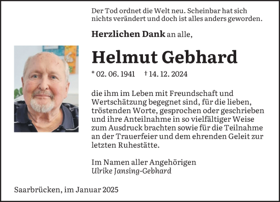 Traueranzeige von Helmut Gebhard von saarbruecker_zeitung