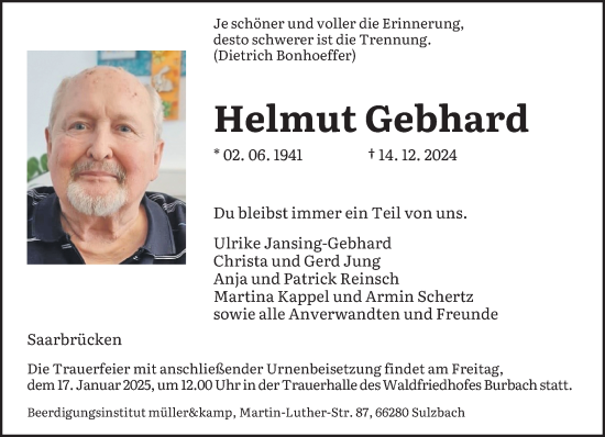 Traueranzeige von Helmut Gebhard von saarbruecker_zeitung