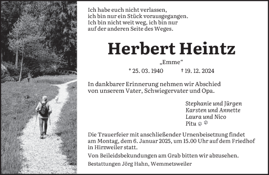 Traueranzeige von Herbert Heintz von saarbruecker_zeitung