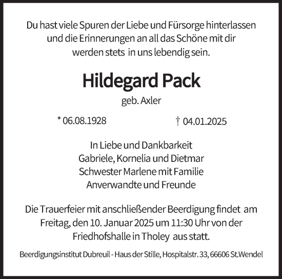 Traueranzeige von Hildegard Pack von saarbruecker_zeitung