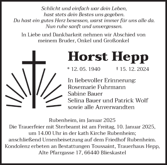 Traueranzeige von Horst Hepp von saarbruecker_zeitung