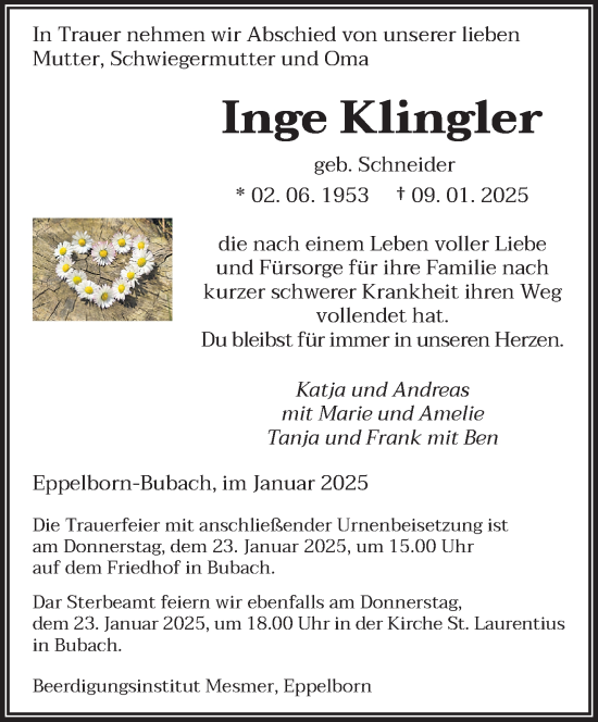 Traueranzeige von Inge Klingler von saarbruecker_zeitung