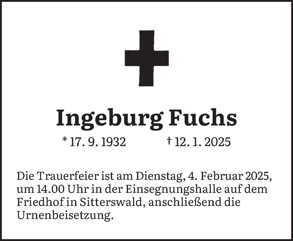  Traueranzeige für Ingeburg Fuchs vom 25.01.2025 aus saarbruecker_zeitung
