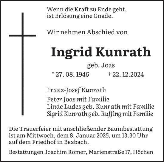 Traueranzeige von Ingrid Kunrath von saarbruecker_zeitung