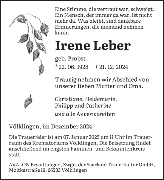 Traueranzeige von Irene Leber von saarbruecker_zeitung