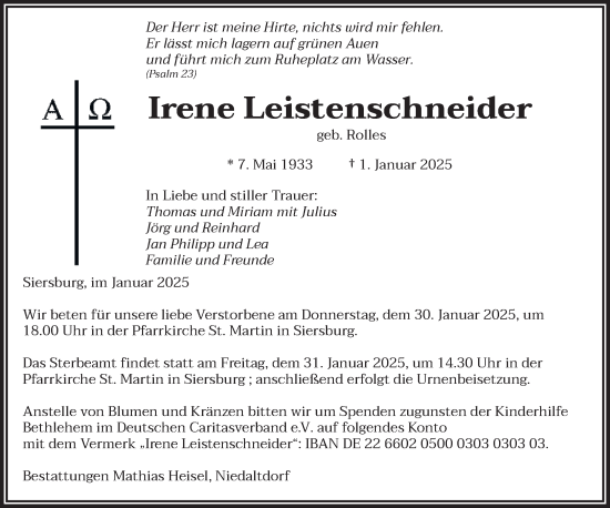 Traueranzeige von Irene Leistenschneider von saarbruecker_zeitung
