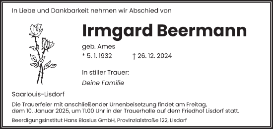 Traueranzeige von Irmgard Beermann von saarbruecker_zeitung