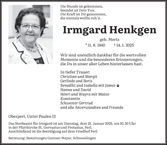 Traueranzeige von Irmgard Henkgen von saarbruecker_zeitung
