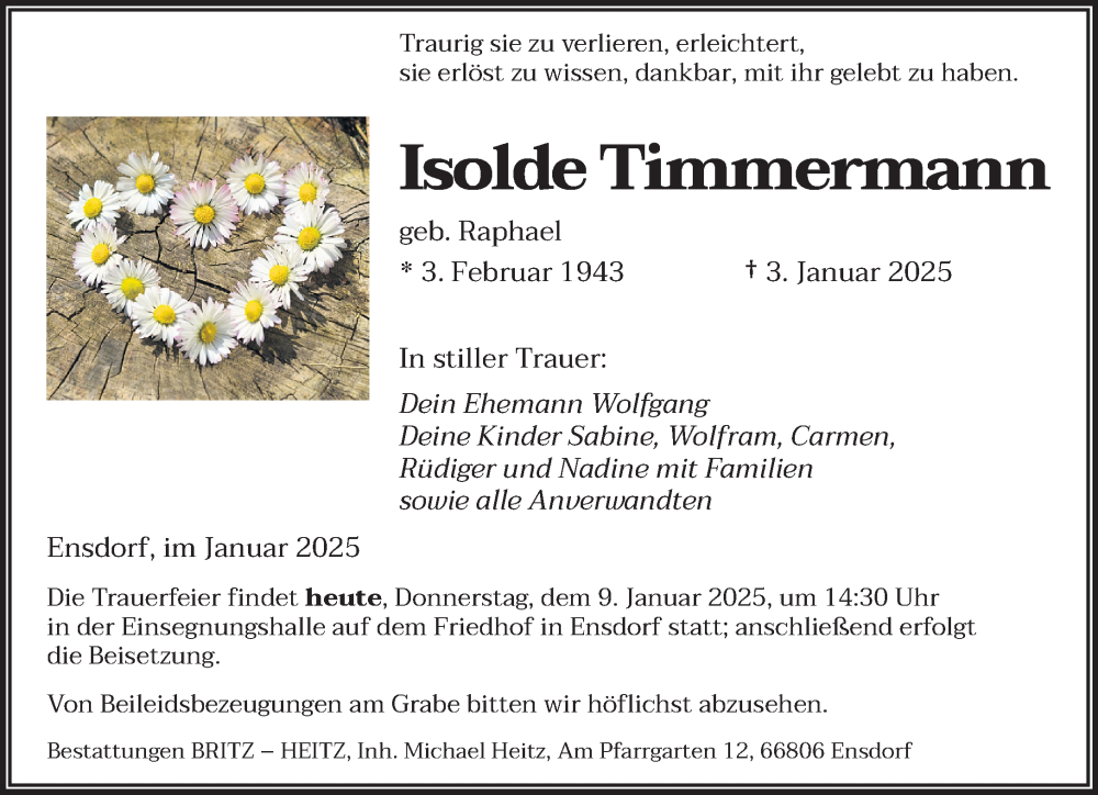  Traueranzeige für Isolde Timmermann vom 09.01.2025 aus saarbruecker_zeitung