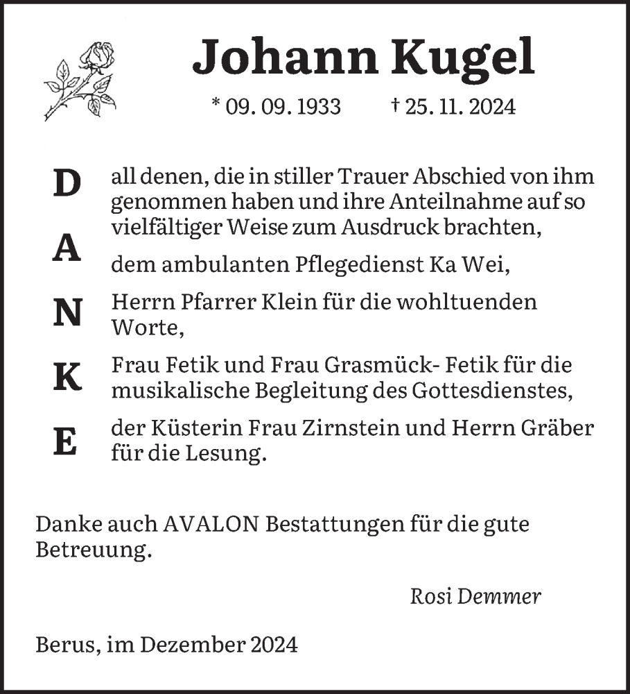  Traueranzeige für Johann Kugel vom 04.01.2025 aus saarbruecker_zeitung