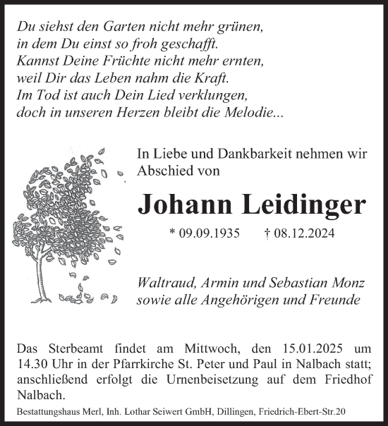 Traueranzeige von Johann Leidinger von saarbruecker_zeitung