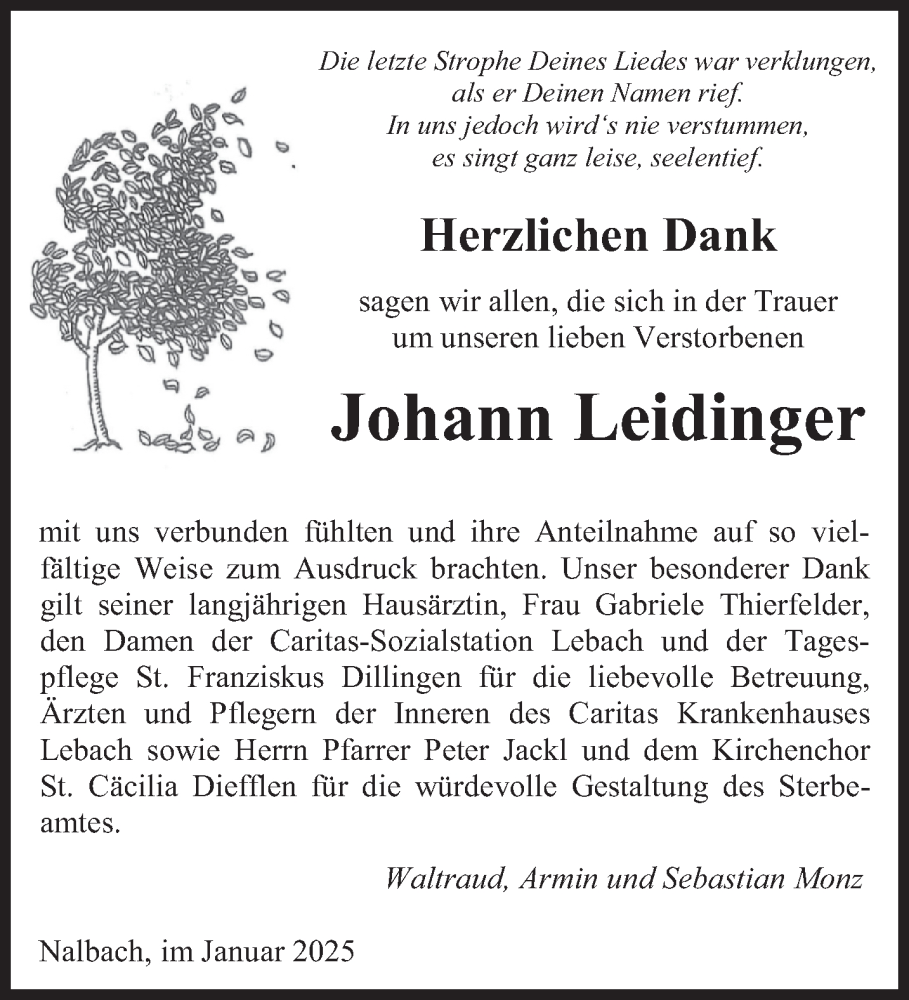  Traueranzeige für Johann Leidinger vom 25.01.2025 aus saarbruecker_zeitung