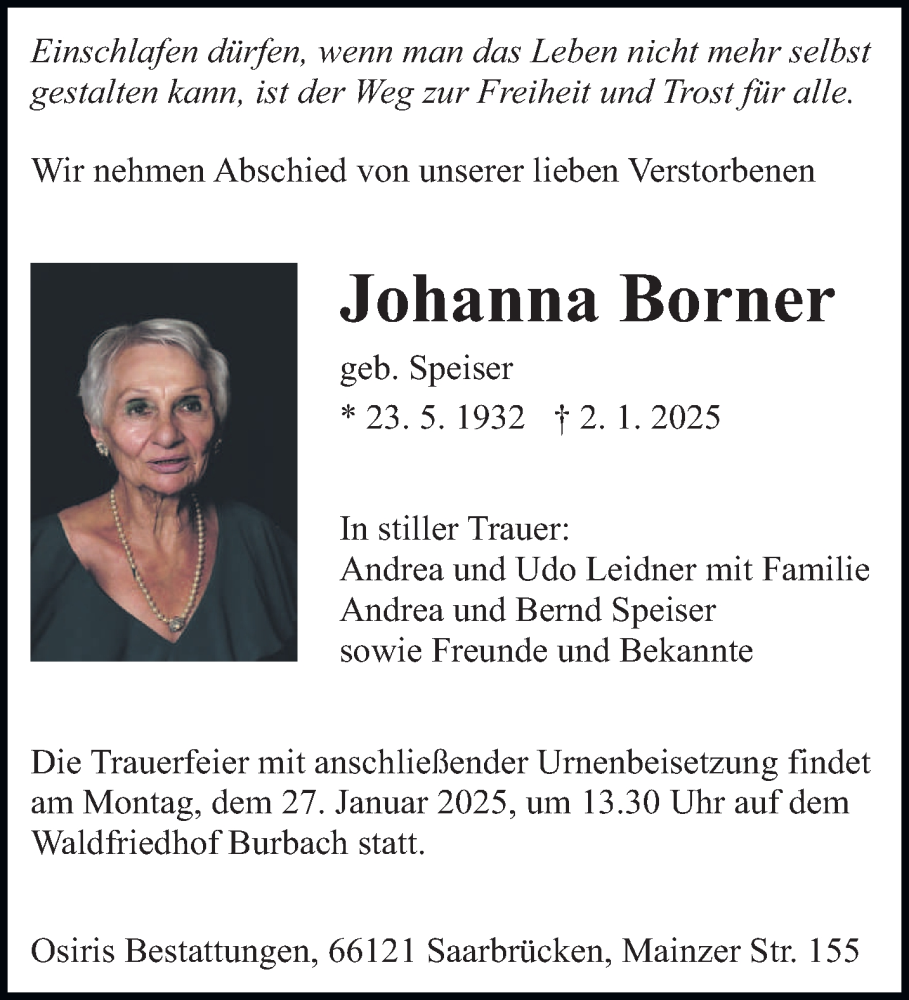 Traueranzeige für Johanna Borner vom 18.01.2025 aus saarbruecker_zeitung