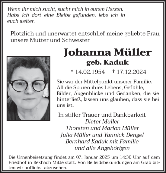 Traueranzeige von Johanna Müller von saarbruecker_zeitung