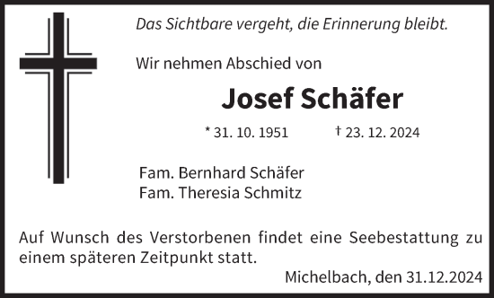 Traueranzeige von Josef Schäfer von saarbruecker_zeitung