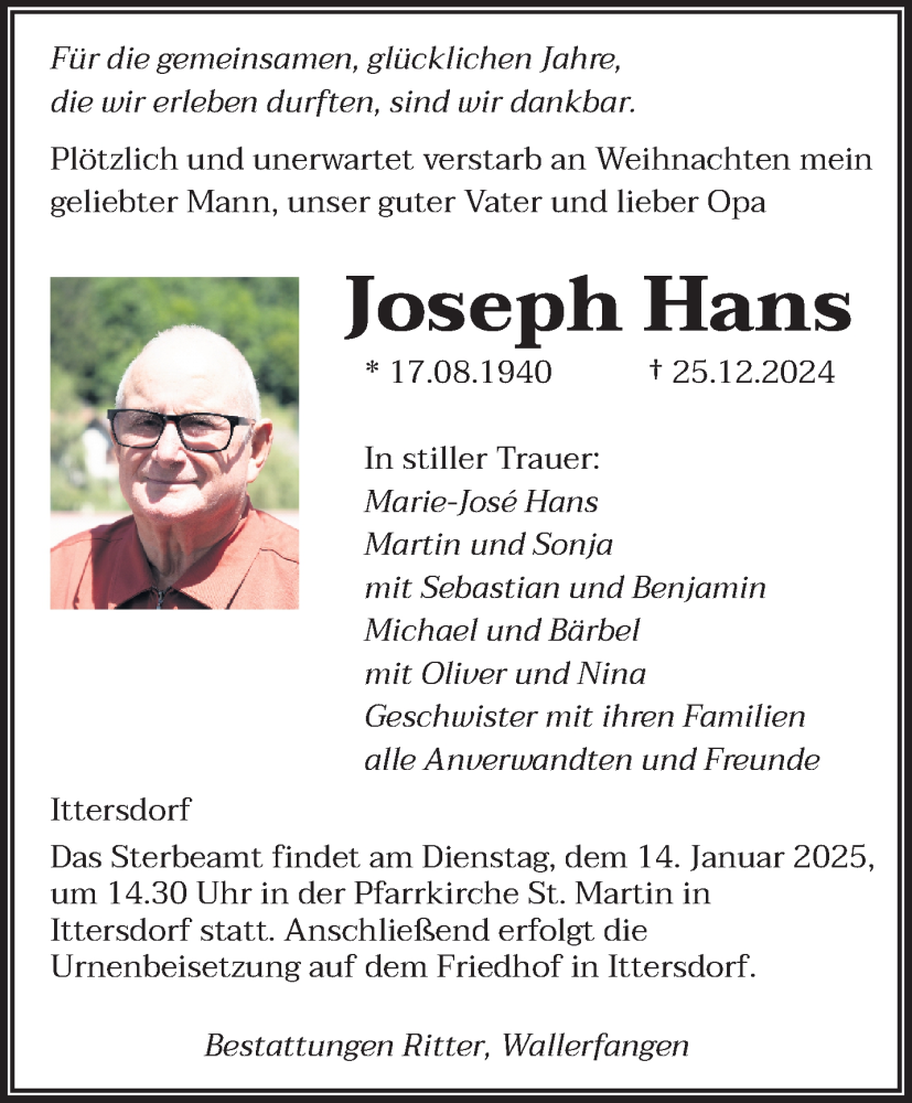  Traueranzeige für Joseph Hans vom 09.01.2025 aus saarbruecker_zeitung