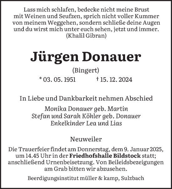 Traueranzeige von Jürgen Donauer von saarbruecker_zeitung